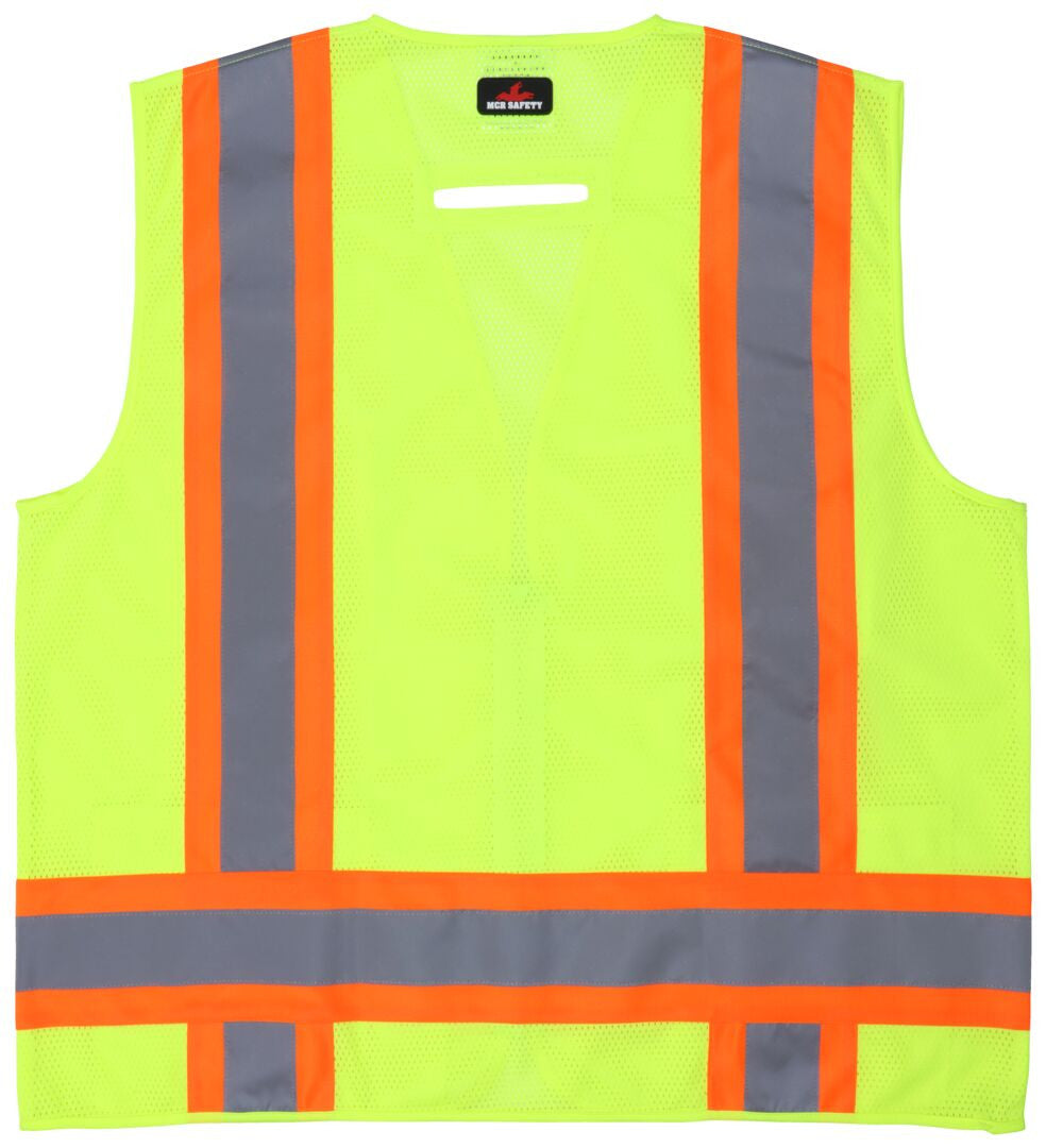 MCR Safety V2200 - Hi-Vis Lime Reflective Safety Vest - Meets ANSI/ISEA 107 2020 Standard - Type R Class 2 Compliant - 4 Inch Orange Silver Stripes - Zipper Front Closure - Cool Mesh Back with Solid Front — manufacturer image 3