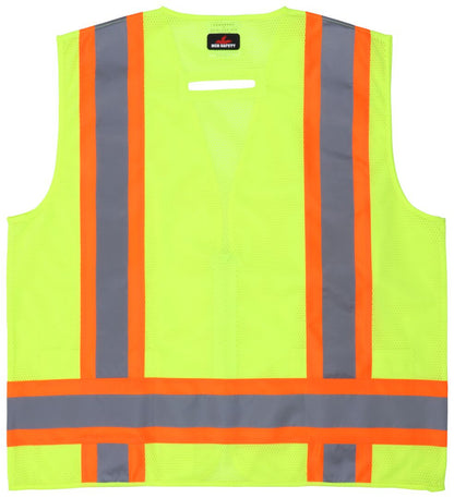 MCR Safety V2200 - Hi-Vis Lime Reflective Safety Vest - Meets ANSI/ISEA 107 2020 Standard - Type R Class 2 Compliant - 4 Inch Orange Silver Stripes - Zipper Front Closure - Cool Mesh Back with Solid Front — manufacturer image 3