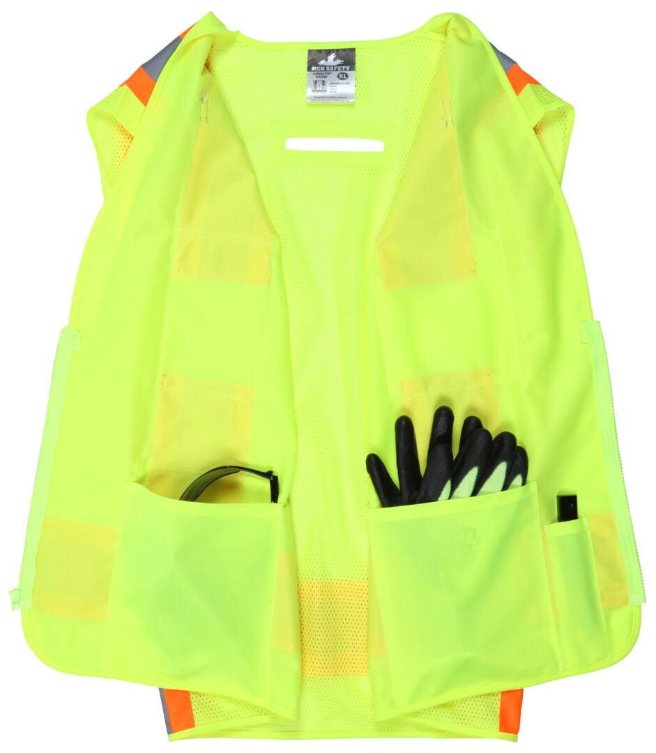 MCR Safety V2200 - Hi-Vis Lime Reflective Safety Vest - Meets ANSI/ISEA 107 2020 Standard - Type R Class 2 Compliant - 4 Inch Orange Silver Stripes - Zipper Front Closure - Cool Mesh Back with Solid Front — manufacturer image 4