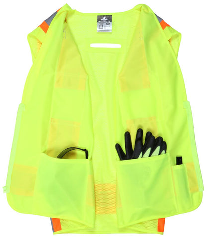 MCR Safety V2200 - Hi-Vis Lime Reflective Safety Vest - Meets ANSI/ISEA 107 2020 Standard - Type R Class 2 Compliant - 4 Inch Orange Silver Stripes - Zipper Front Closure - Cool Mesh Back with Solid Front — manufacturer image 4