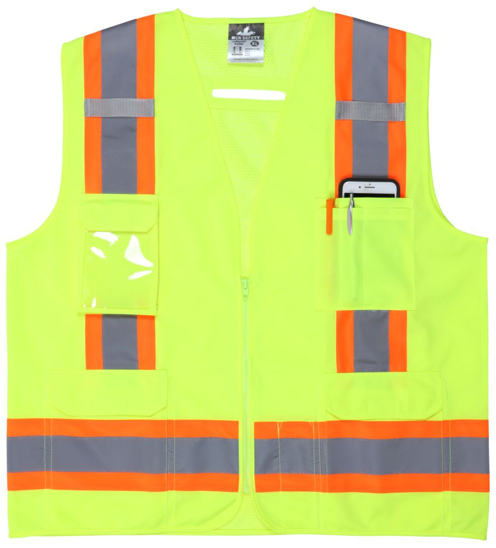 MCR Safety V2200 - Hi-Vis Lime Reflective Safety Vest - Meets ANSI/ISEA 107 2020 Standard - Type R Class 2 Compliant - 4 Inch Orange Silver Stripes - Zipper Front Closure - Cool Mesh Back with Solid Front — manufacturer image 5