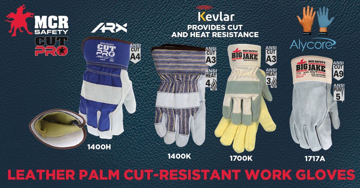 1400K - Leather Palm Work Gloves - Select B+ Grade - Split Shoulder Leather - DuPont™ Kevlar® Aramid Plaited Liner - 2.5-Inch Plasticized Safety Cuff