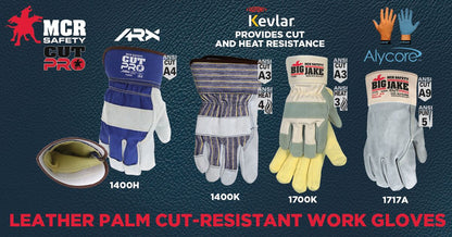 1400K - Leather Palm Work Gloves - Select B+ Grade - Split Shoulder Leather - DuPont™ Kevlar® Aramid Plaited Liner - 2.5-Inch Plasticized Safety Cuff