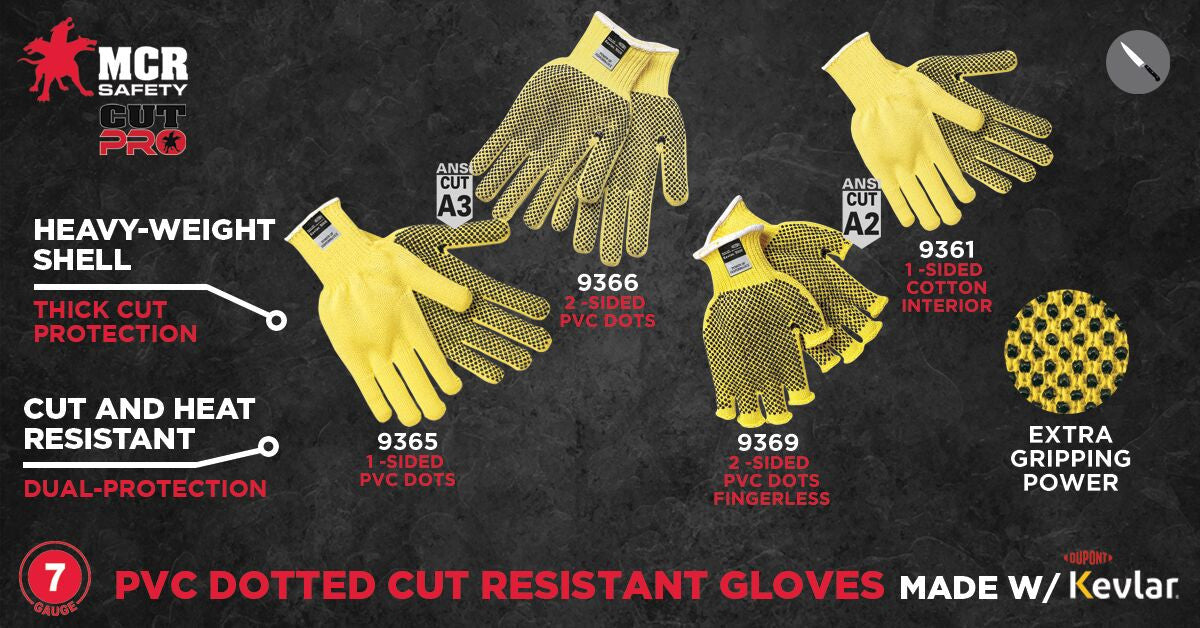 9369 - MCR Safety CutPro® - 7 Gauge DuPont™ Kevlar® Aramid Shell - Fingerless Cut Resistant Work Gloves - PVC Dots on Both Sides - Regular Weight - PVC Dots Provide Additional Grip and Abrasion Resistance