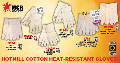 9124K - Hot Mill Work Gloves - 24-Ounce Cotton Fabric - 2.5-Inch Band Top - Knuckle Strap - Recycled Liner - Regular Weight - Heat Resistant Cotton Work Gloves