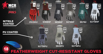 9828PU - MCR Safety CutPro® - 18 Gauge Cut Resistant Shell - (Aramid, Nylon, Steel, Spandex) - Polyurethane (PU) Coated Palm and Fingertips
