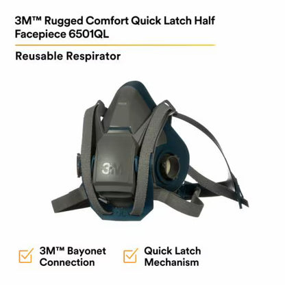 3M™ Rugged Comfort Quick Latch Half Facepiece Reusable Respirator 6501QL, 6502QL, 6503QL