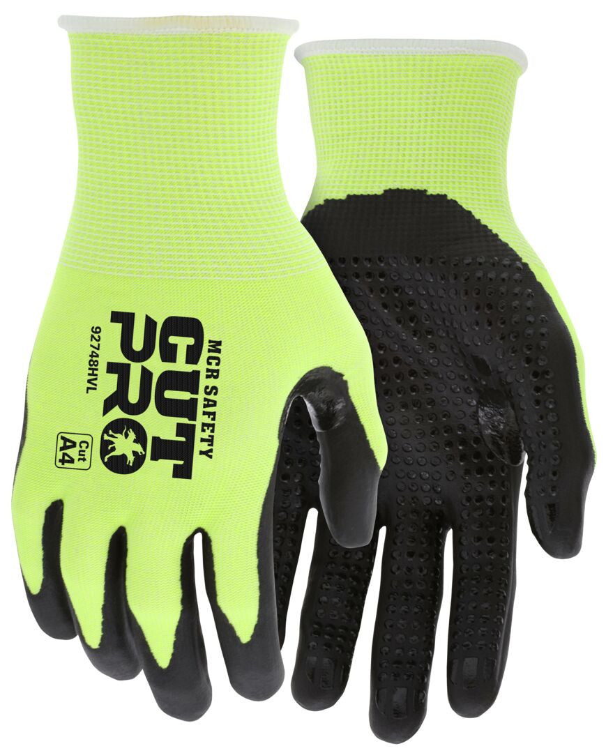 VP92748HV - MCR Safety CutPro® - 18 Gauge HyperMax® HPPE Shell - Hi-Vis Cut-Resistant Work Gloves - Nitrile Coated and Dotted Palm & Fingertips - Reinforced Thumb Crotch - Vending Packaged