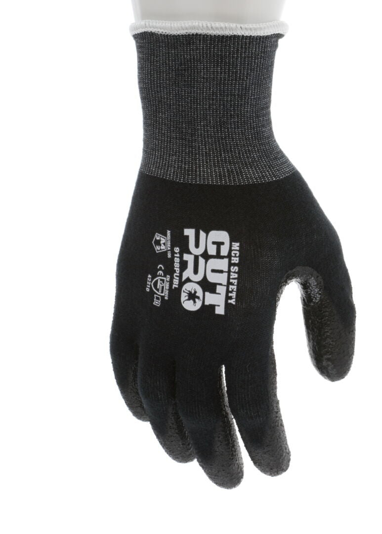 9188PUB - MCR Safety CutPro® - 18 Gauge Black Kevlar® Comfort Aramid Shell - Cut Resistant Work Gloves - Polyurethane (PU)Coated Palm and Fingertips - Reinforced Thumb Crotch