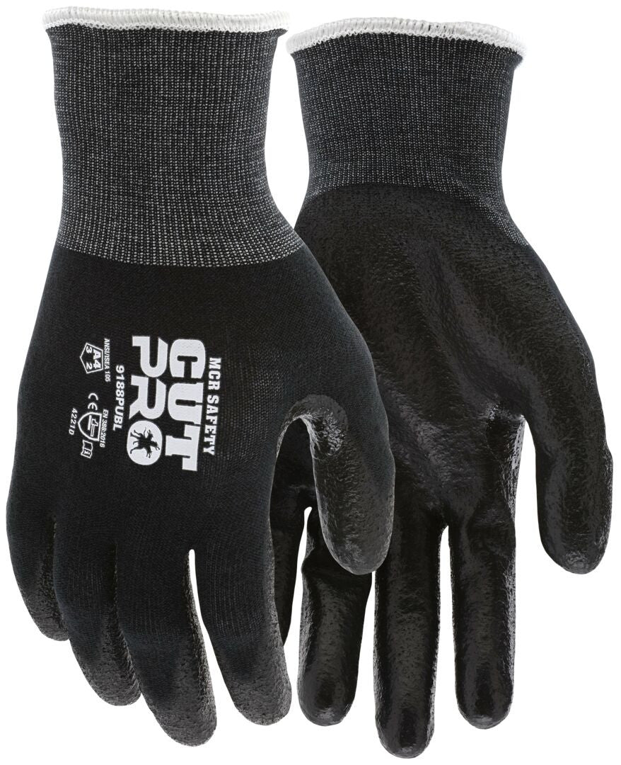 9188PUB - MCR Safety CutPro® - 18 Gauge Black Kevlar® Comfort Aramid Shell - Cut Resistant Work Gloves - Polyurethane (PU)Coated Palm and Fingertips - Reinforced Thumb Crotch