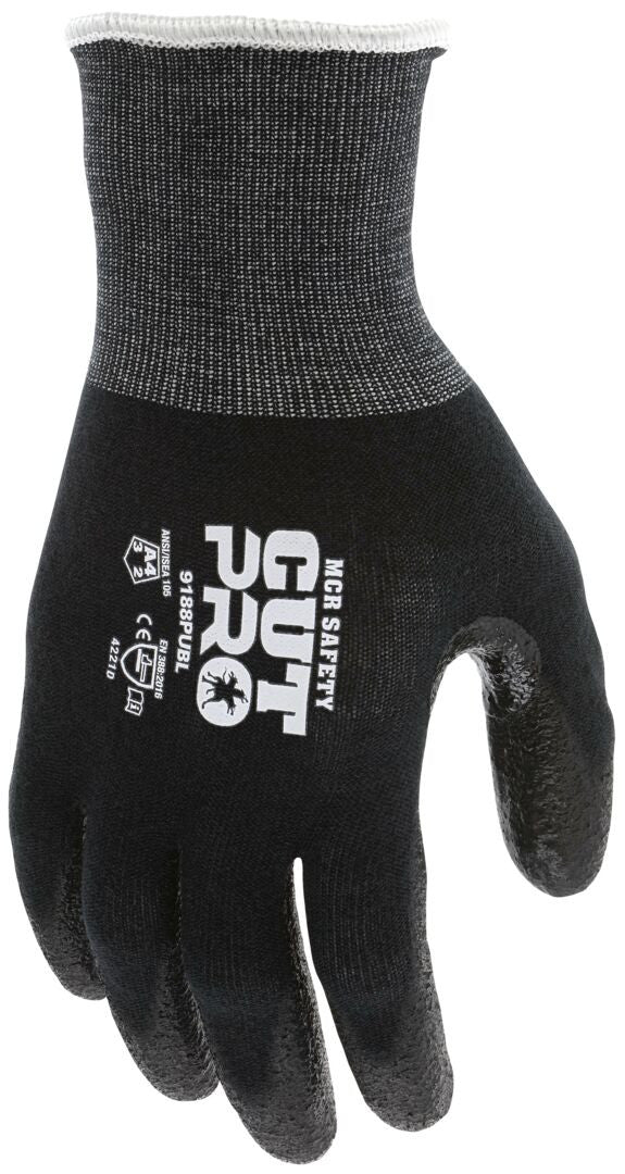 9188PUB - MCR Safety CutPro® - 18 Gauge Black Kevlar® Comfort Aramid Shell - Cut Resistant Work Gloves - Polyurethane (PU)Coated Palm and Fingertips - Reinforced Thumb Crotch