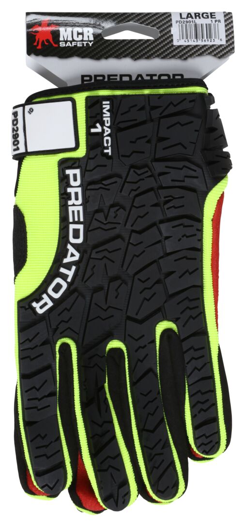 PD2901 - Predator® Mechanics Work Gloves - Textured PVC Coated Synthetic Palm - High Visibility Spandex Back - Back-of-Hand Impact Protection - Reinforced Thumb Crotch - Patented Design Tire Tread TPR on the Back of the Hand
