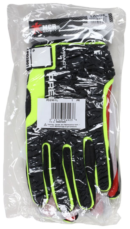 PD2901 - Predator® Mechanics Work Gloves - Textured PVC Coated Synthetic Palm - High Visibility Spandex Back - Back-of-Hand Impact Protection - Reinforced Thumb Crotch - Patented Design Tire Tread TPR on the Back of the Hand