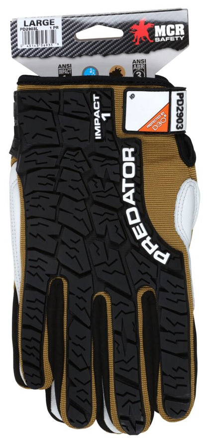PD2903 - Predator® Mechanics Work Gloves - Premium Cow Grain Leather Palm - D3O® Foam Padded Palm - Tire Tread Pattern TPR Back Back-of-Hand - Reinforced Thumb Crotch - Patented Tire Tread TPR on the Back of the Hand