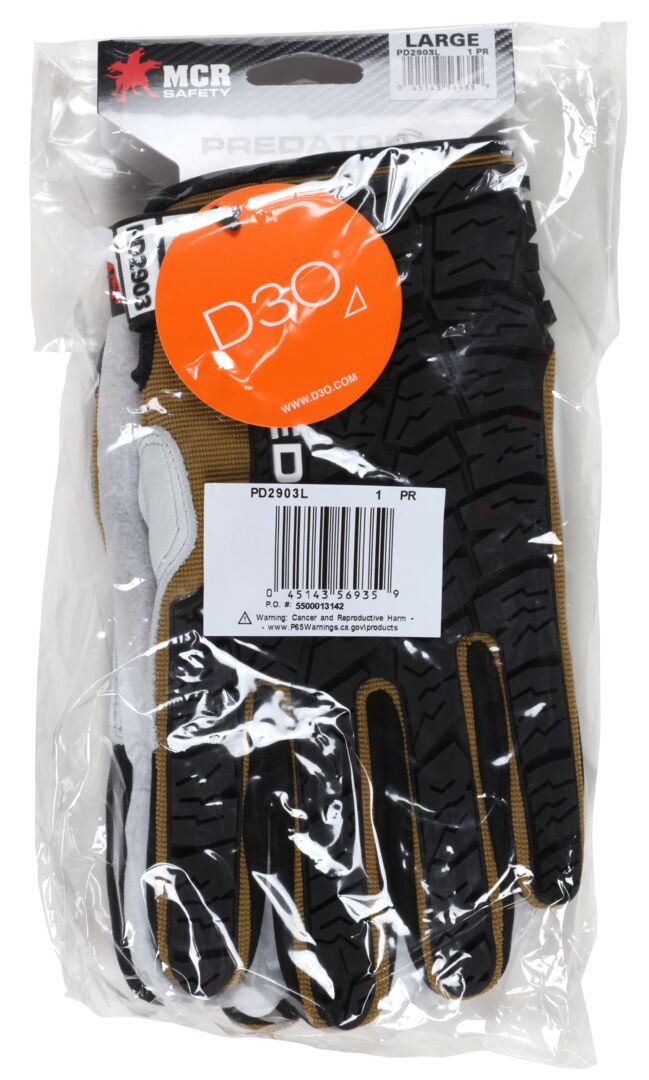 PD2903 - Predator® Mechanics Work Gloves - Premium Cow Grain Leather Palm - D3O® Foam Padded Palm - Tire Tread Pattern TPR Back Back-of-Hand - Reinforced Thumb Crotch - Patented Tire Tread TPR on the Back of the Hand