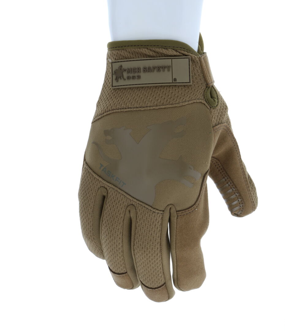 963 - MCR Safety Mechanics Gloves with TaskFit™ Design - Military 499 Tan Synthetic Leather Palm - Nylon Spandex Back with Reflective Logo - Adjustable Hook and Loop Wrist Closure - D3O ® Padded Palm - Super Stretch Knuckle Region for Greater Comfort