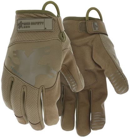 963 - MCR Safety Mechanics Gloves with TaskFit™ Design - Military 499 Tan Synthetic Leather Palm - Nylon Spandex Back with Reflective Logo - Adjustable Hook and Loop Wrist Closure - D3O ® Padded Palm - Super Stretch Knuckle Region for Greater Comfort