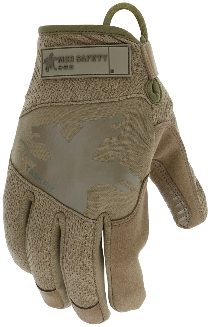 963 - MCR Safety Mechanics Gloves with TaskFit™ Design - Military 499 Tan Synthetic Leather Palm - Nylon Spandex Back with Reflective Logo - Adjustable Hook and Loop Wrist Closure - D3O ® Padded Palm - Super Stretch Knuckle Region for Greater Comfort