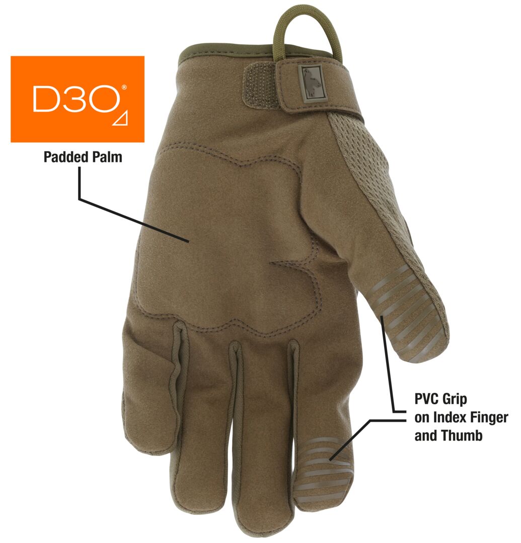 963 - MCR Safety Mechanics Gloves with TaskFit™ Design - Military 499 Tan Synthetic Leather Palm - Nylon Spandex Back with Reflective Logo - Adjustable Hook and Loop Wrist Closure - D3O ® Padded Palm - Super Stretch Knuckle Region for Greater Comfort