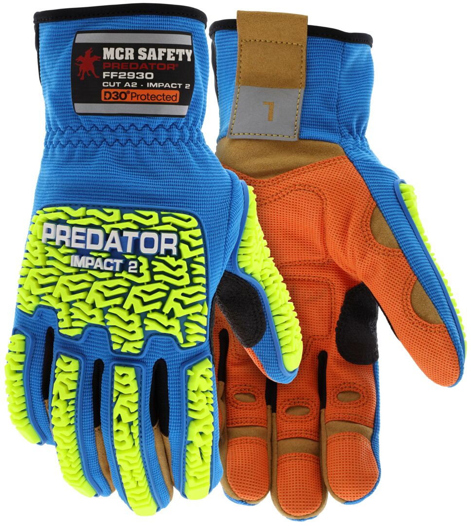 FF2930 - MCR Safety Predator® Mechanics Gloves - Predator® PD6 Tire Tread TPR Back-of-Hand - D3O® Padded Palm Protection - Two-Way Spandex Back - MaxGrid™ Reinforced Palm - Hi Visibility Tread Pattern