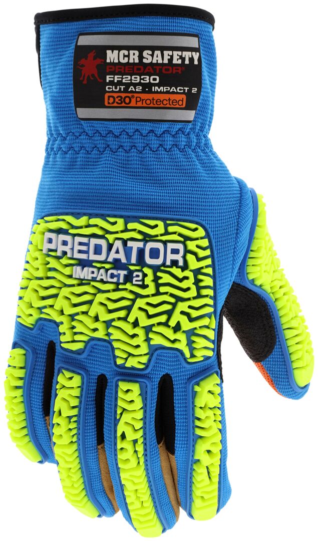 FF2930 - MCR Safety Predator® Mechanics Gloves - Predator® PD6 Tire Tread TPR Back-of-Hand - D3O® Padded Palm Protection - Two-Way Spandex Back - MaxGrid™ Reinforced Palm - Hi Visibility Tread Pattern