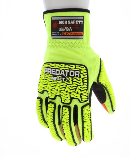 FF2931 - MCR Safety Predator® Mechanics Work Gloves - HyperMax® HPPE Cut Resistant Palm Liner - Hi-Vis Lime Two-Way Spandex Glove Back - MaxGrid™ Reinforced Palm - D3O® Padded Palm - Predator® PD6 Back of Hand TPR for Impact Protection
