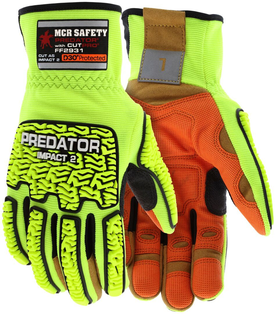 FF2931 - MCR Safety Predator® Mechanics Work Gloves - HyperMax® HPPE Cut Resistant Palm Liner - Hi-Vis Lime Two-Way Spandex Glove Back - MaxGrid™ Reinforced Palm - D3O® Padded Palm - Predator® PD6 Back of Hand TPR for Impact Protection