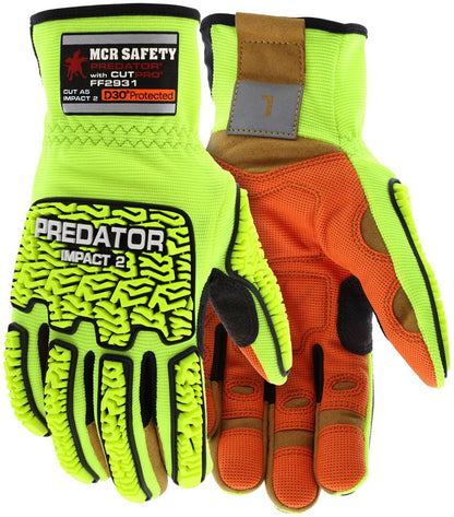 FF2931 - MCR Safety Predator® Mechanics Work Gloves - HyperMax® HPPE Cut Resistant Palm Liner - Hi-Vis Lime Two-Way Spandex Glove Back - MaxGrid™ Reinforced Palm - D3O® Padded Palm - Predator® PD6 Back of Hand TPR for Impact Protection
