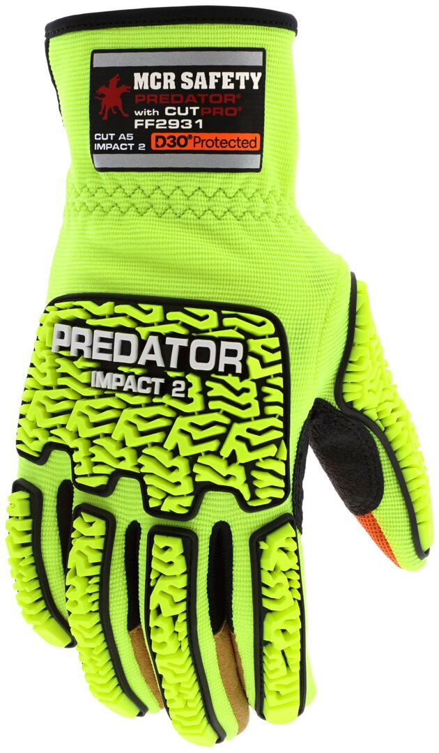 FF2931 - MCR Safety Predator® Mechanics Work Gloves - HyperMax® HPPE Cut Resistant Palm Liner - Hi-Vis Lime Two-Way Spandex Glove Back - MaxGrid™ Reinforced Palm - D3O® Padded Palm - Predator® PD6 Back of Hand TPR for Impact Protection
