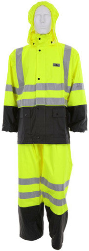 MCR Safety 5182S - Luminator® Hi-Visibility Rain Gear - .40mm PU / Cotton Poly Blend Stretch Fabric - 2 Piece Hi Vis Reflective Rain Suit - Meets ANSI/ISEA 107 2020 Standard - Type R Class 3 Compliant - Stretch Fabric Moves With You for a More Comfortable
