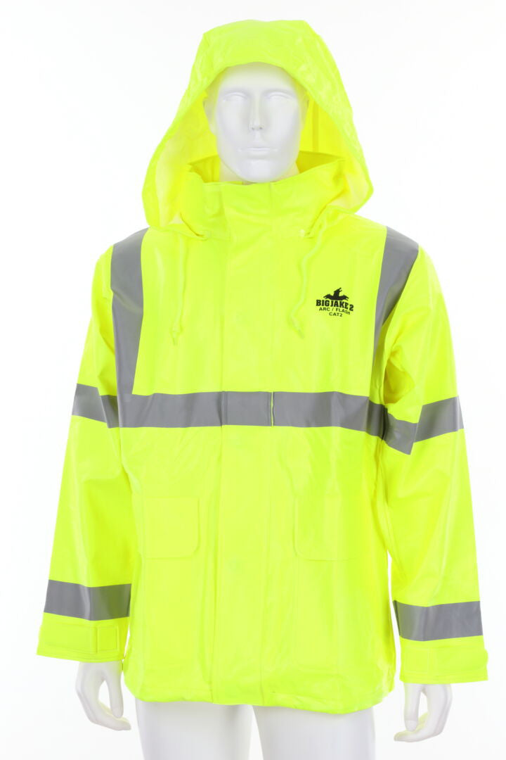 MCR Safety BJ238JH - Big Jake 2 Rainwear - PVC / Meta-Aramid Fabric - Flame Resistant Rain Jacket - ANSI Class 3 High Visibility Standard - CAT2 - Arc Rating ATPV 11 cal / cm² — manufacturer image 2