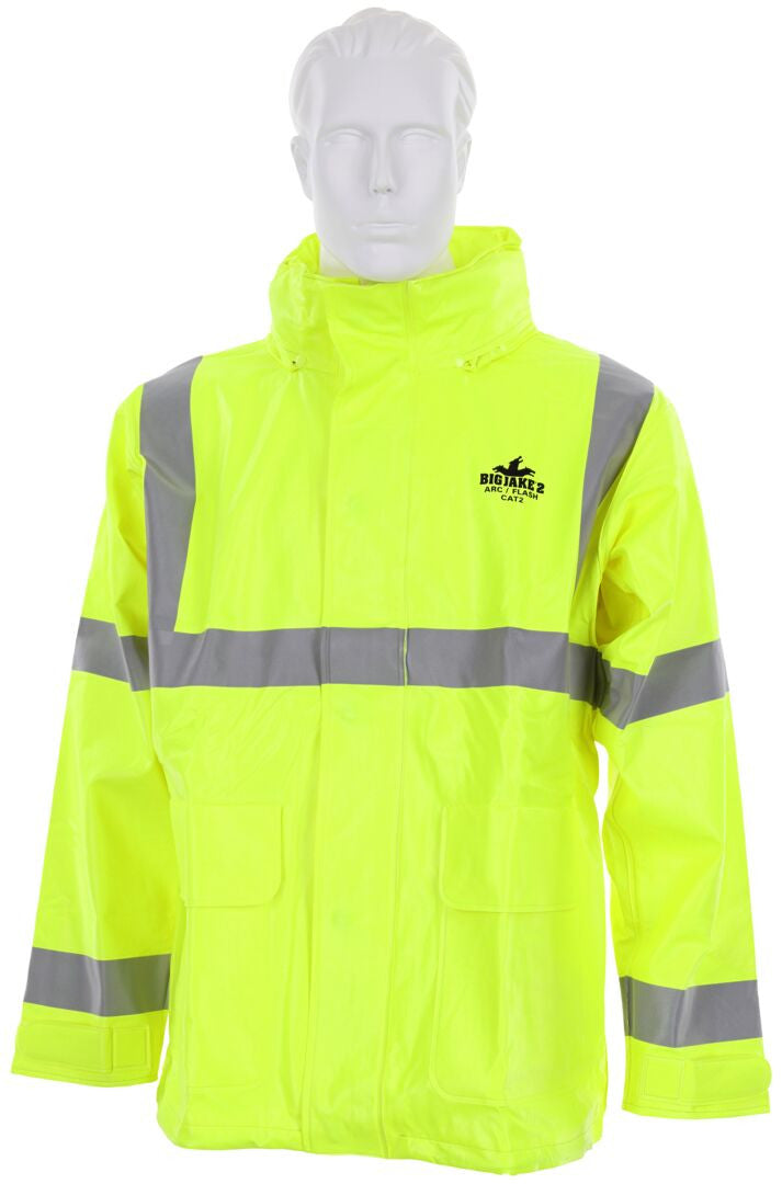 MCR Safety BJ238JH - Big Jake 2 Rainwear - PVC / Meta-Aramid Fabric - Flame Resistant Rain Jacket - ANSI Class 3 High Visibility Standard - CAT2 - Arc Rating ATPV 11 cal / cm² — manufacturer image 4