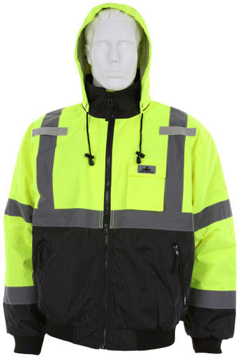MCR Safety VBBCL3L - Luminator® Series - Hi-Vis Bomber Jacket - Meets ANSI/ISEA 107 2020 Standards - Type R Class 3 Compliant - Insulated Rain Jacket - Fluorescent Lime/Black - Silver Reflective Stripes