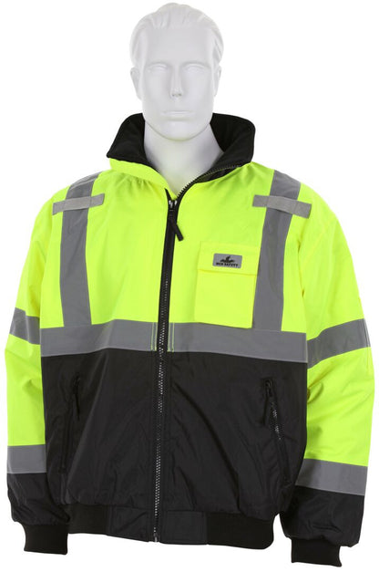 MCR Safety VBBCL3L - Luminator® Series - Hi-Vis Bomber Jacket - Meets ANSI/ISEA 107 2020 Standards - Type R Class 3 Compliant - Insulated Rain Jacket - Fluorescent Lime/Black - Silver Reflective Stripes — manufacturer image 4