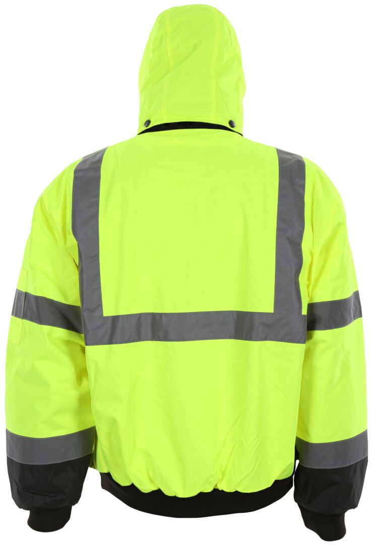 MCR Safety VBBCL3L - Luminator® Series - Hi-Vis Bomber Jacket - Meets ANSI/ISEA 107 2020 Standards - Type R Class 3 Compliant - Insulated Rain Jacket - Fluorescent Lime/Black - Silver Reflective Stripes — manufacturer image 5