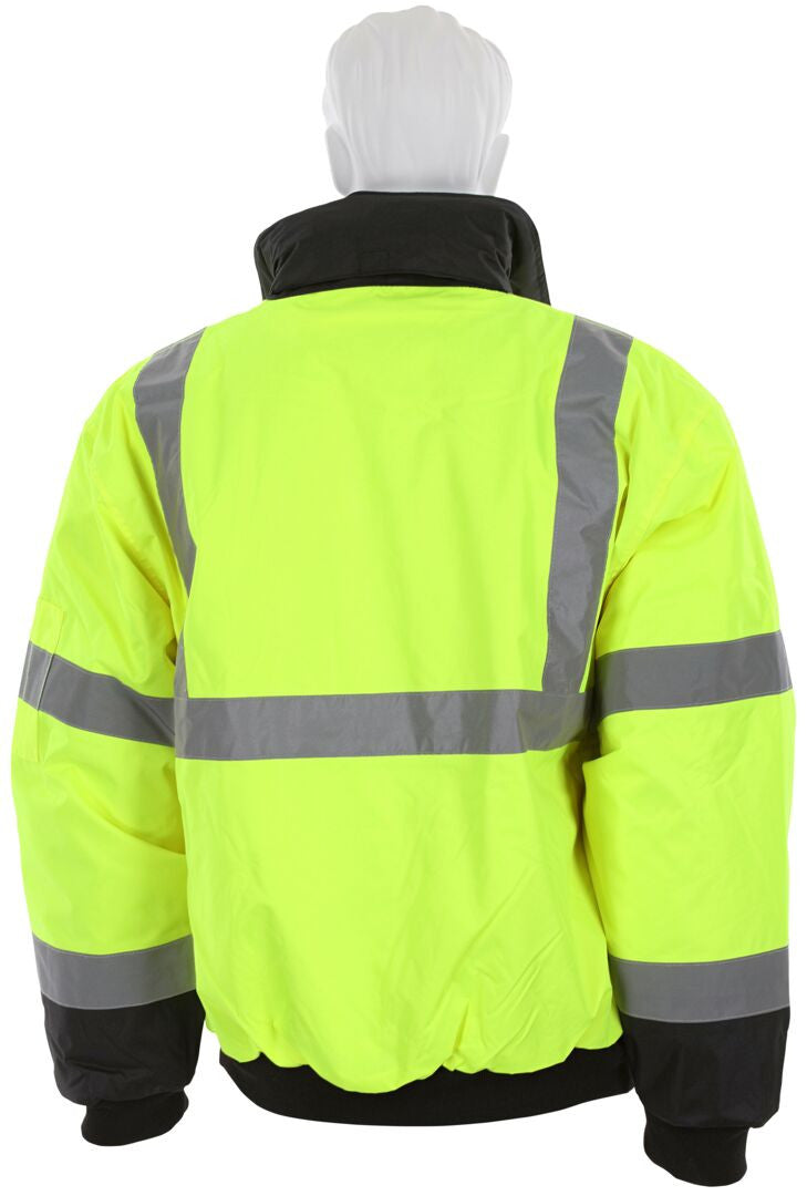 MCR Safety VBBCL3L - Luminator® Series - Hi-Vis Bomber Jacket - Meets ANSI/ISEA 107 2020 Standards - Type R Class 3 Compliant - Insulated Rain Jacket - Fluorescent Lime/Black - Silver Reflective Stripes — manufacturer image 6