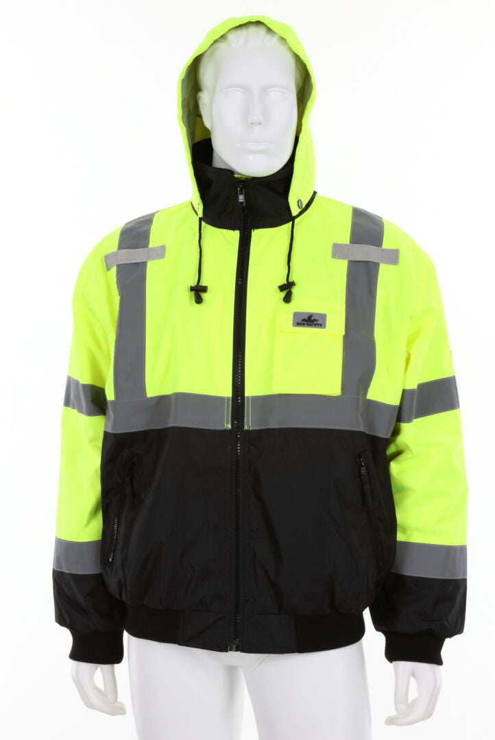 MCR Safety VBBCL3L - Luminator® Series - Hi-Vis Bomber Jacket - Meets ANSI/ISEA 107 2020 Standards - Type R Class 3 Compliant - Insulated Rain Jacket - Fluorescent Lime/Black - Silver Reflective Stripes — manufacturer image 2