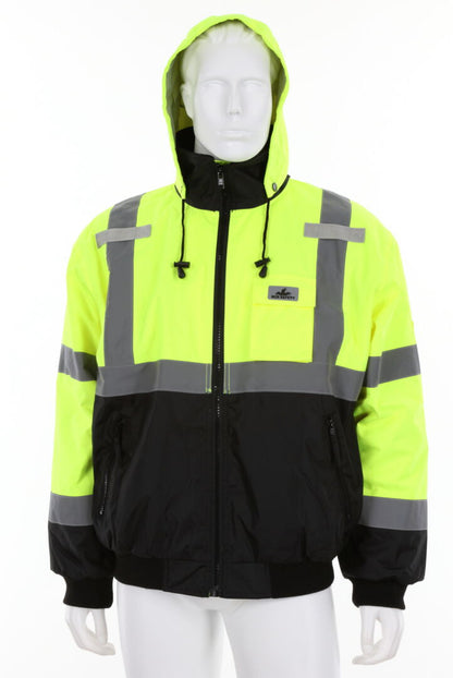 MCR Safety VBBCL3L - Luminator® Series - Hi-Vis Bomber Jacket - Meets ANSI/ISEA 107 2020 Standards - Type R Class 3 Compliant - Insulated Rain Jacket - Fluorescent Lime/Black - Silver Reflective Stripes — manufacturer image 2