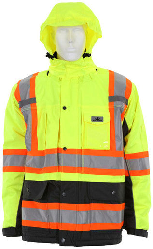 MCR Safety VT38JH - Vortex Hi Vis Rain Gear- Winter Jacket with Detachable Hood - Zip Out Fleece Liner - Double Insulated Rip Stop Polyester / PU - Meets ANSI/ISEA 107 2020 Standard - Type R Class 3 Compliant - Protects in Temperatures as Low as -27° F