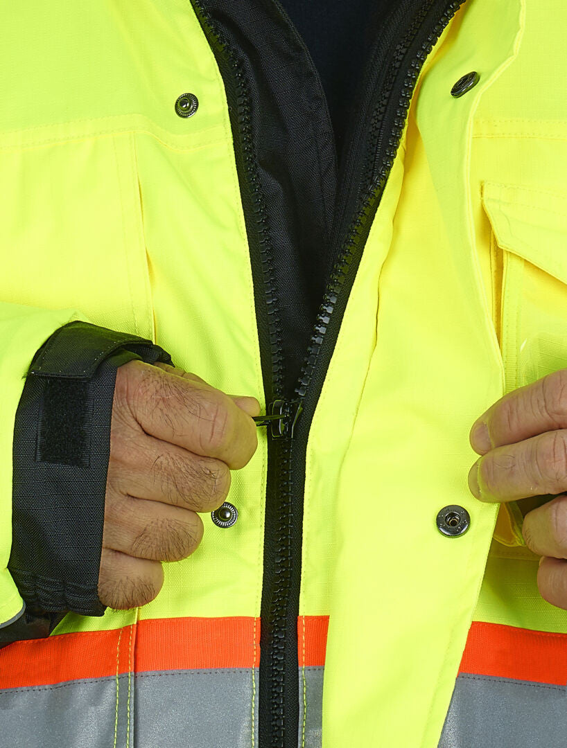 MCR Safety VT38JH - Vortex Hi Vis Rain Gear- Winter Jacket with Detachable Hood - Zip Out Fleece Liner - Double Insulated Rip Stop Polyester / PU - Meets ANSI/ISEA 107 2020 Standard - Type R Class 3 Compliant - Protects in Temperatures as Low as -27° F — manufacturer image 6