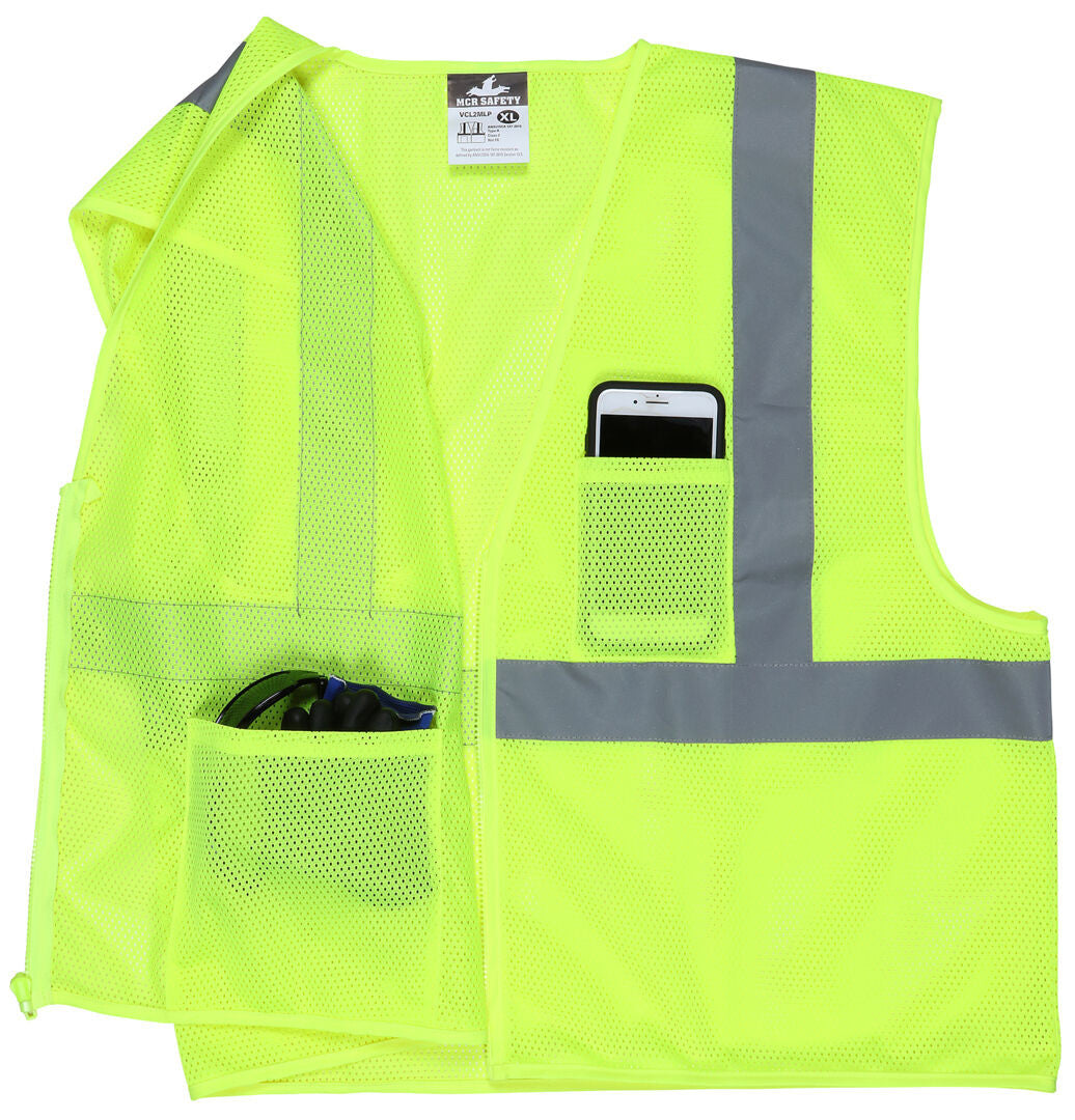 MCR Safety VCL2MLP - Hi-Vis Lime Safety Vest - 2 Inch Silver Reflective Stripes - Meets ANSI/ISEA 107 2020 Standard - Type R Class 2 Compliant - Zipper Front Closure - Breathable Safety Vest with Mesh Fabric — manufacturer image 4