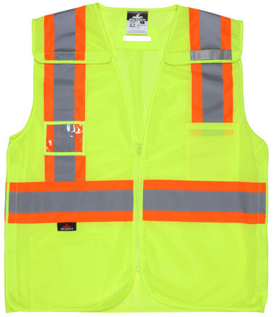 MCR Safety V2210 - Hi-Vis Lime Reflective Safety Vest - Meets ANSI/ISEA 107 2020 Standard - Type R Class 2 Compliant - 4 Inch Orange Silver Stripes - Breathable Mesh Material - Easy Release Zipper Front Closure