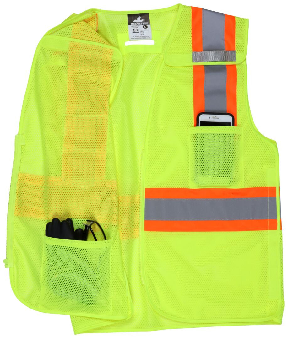 MCR Safety V2210 - Hi-Vis Lime Reflective Safety Vest - Meets ANSI/ISEA 107 2020 Standard - Type R Class 2 Compliant - 4 Inch Orange Silver Stripes - Breathable Mesh Material - Easy Release Zipper Front Closure — manufacturer image 4