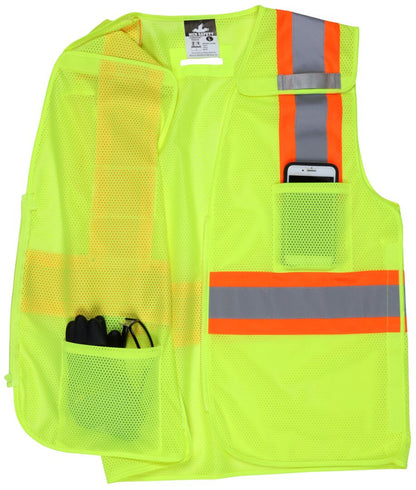 MCR Safety V2210 - Hi-Vis Lime Reflective Safety Vest - Meets ANSI/ISEA 107 2020 Standard - Type R Class 2 Compliant - 4 Inch Orange Silver Stripes - Breathable Mesh Material - Easy Release Zipper Front Closure — manufacturer image 4