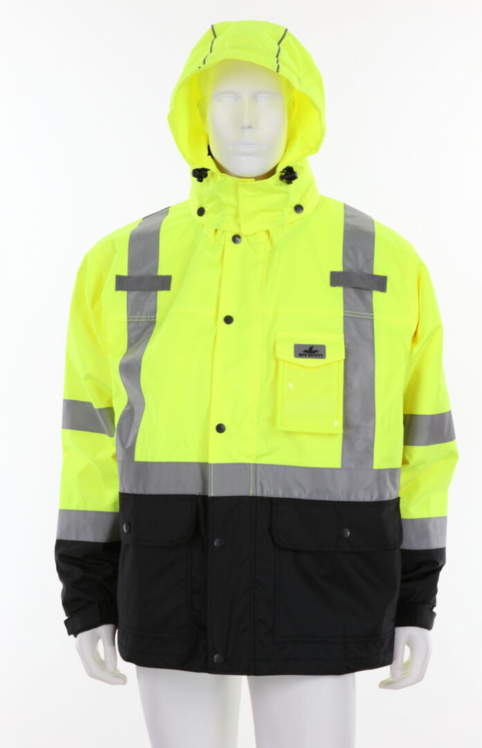 MCR Safety VT238JH - Hi-Vis Rain Gear - Winter Jacket - Rip Stop Polyester / PU Outer Shell - Zip Out Hi-Vis Anti-Piling Fleece Liner - Both Meet ANSI/ISEA 107 2020 Type R Class 3 Standard - Outer Jacket Shell has Detachable Hood — manufacturer image 2