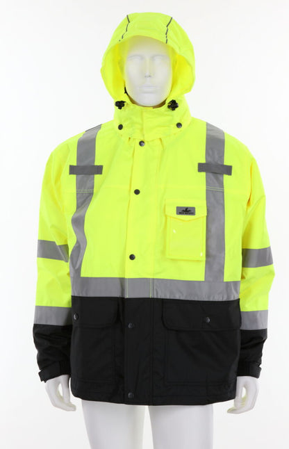 MCR Safety VT238JH - Hi-Vis Rain Gear - Winter Jacket - Rip Stop Polyester / PU Outer Shell - Zip Out Hi-Vis Anti-Piling Fleece Liner - Both Meet ANSI/ISEA 107 2020 Type R Class 3 Standard - Outer Jacket Shell has Detachable Hood — manufacturer image 2