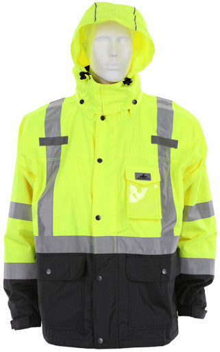 MCR Safety VT238JH - Hi-Vis Rain Gear - Winter Jacket - Rip Stop Polyester / PU Outer Shell - Zip Out Hi-Vis Anti-Piling Fleece Liner - Both Meet ANSI/ISEA 107 2020 Type R Class 3 Standard - Outer Jacket Shell has Detachable Hood