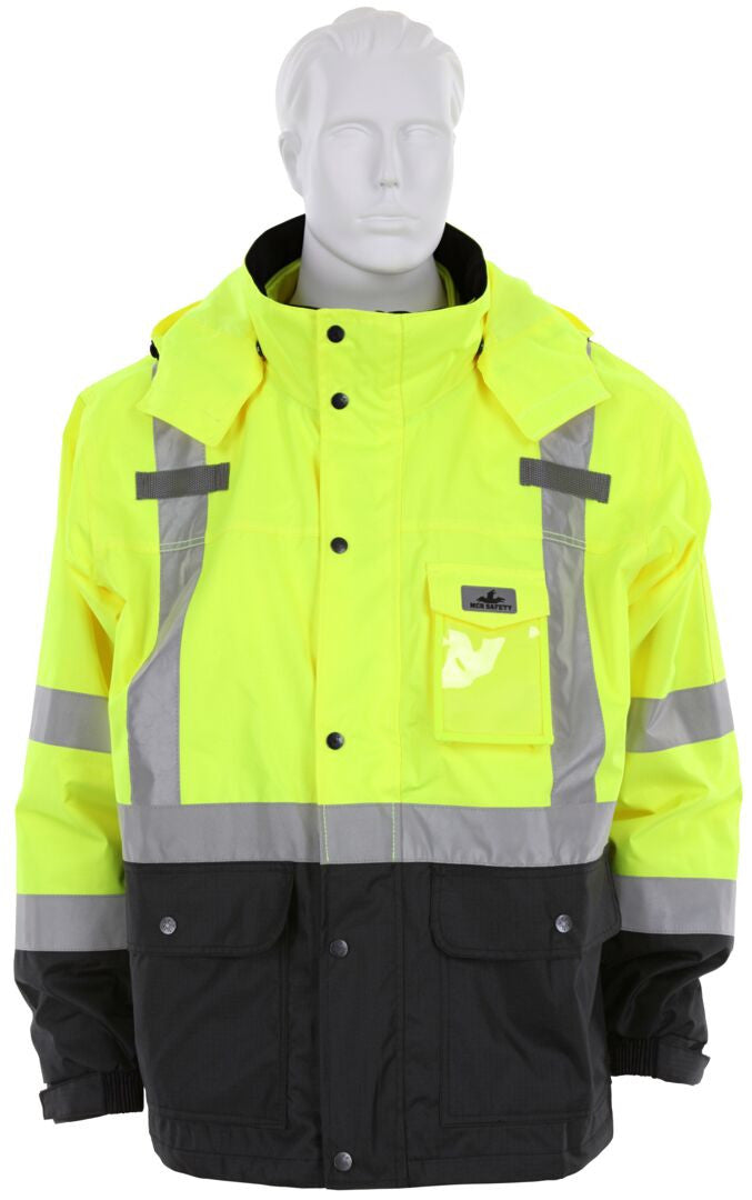 MCR Safety VT238JH - Hi-Vis Rain Gear - Winter Jacket - Rip Stop Polyester / PU Outer Shell - Zip Out Hi-Vis Anti-Piling Fleece Liner - Both Meet ANSI/ISEA 107 2020 Type R Class 3 Standard - Outer Jacket Shell has Detachable Hood — manufacturer image 7