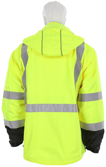 MCR Safety VT238JH - Hi-Vis Rain Gear - Winter Jacket - Rip Stop Polyester / PU Outer Shell - Zip Out Hi-Vis Anti-Piling Fleece Liner - Both Meet ANSI/ISEA 107 2020 Type R Class 3 Standard - Outer Jacket Shell has Detachable Hood — manufacturer image 6