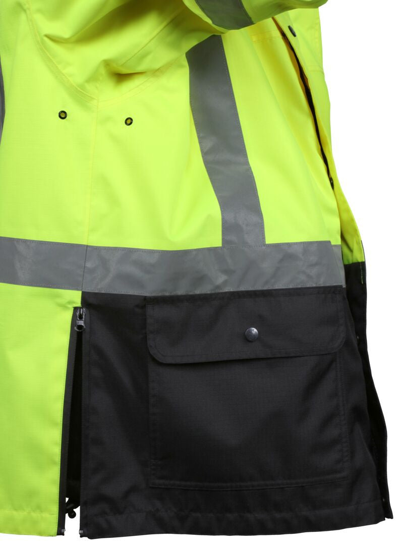 MCR Safety VT238JH - Hi-Vis Rain Gear - Winter Jacket - Rip Stop Polyester / PU Outer Shell - Zip Out Hi-Vis Anti-Piling Fleece Liner - Both Meet ANSI/ISEA 107 2020 Type R Class 3 Standard - Outer Jacket Shell has Detachable Hood — manufacturer image 8